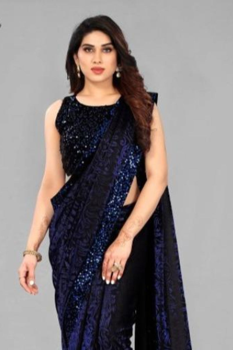 Trending Lycra Blend Saree with Sequins Work For Women (Unstitched)