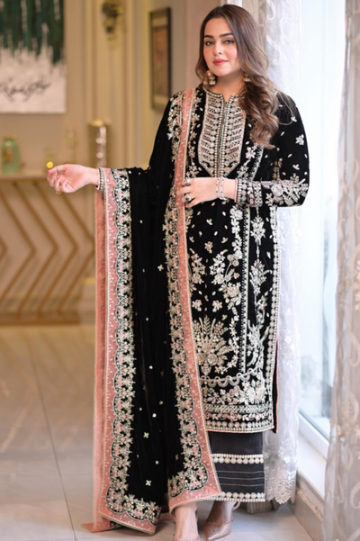 3  Piece Stitched Velvet Suit  - Ready to Wear