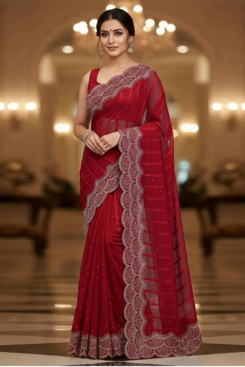 Stone Work Chiffon Georgette Saree for Women (Unstitched)