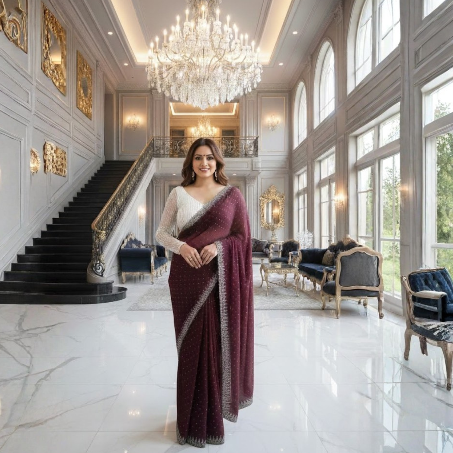 Georgette Saree with Blouse and Diamond Work For Women (Unstitched)