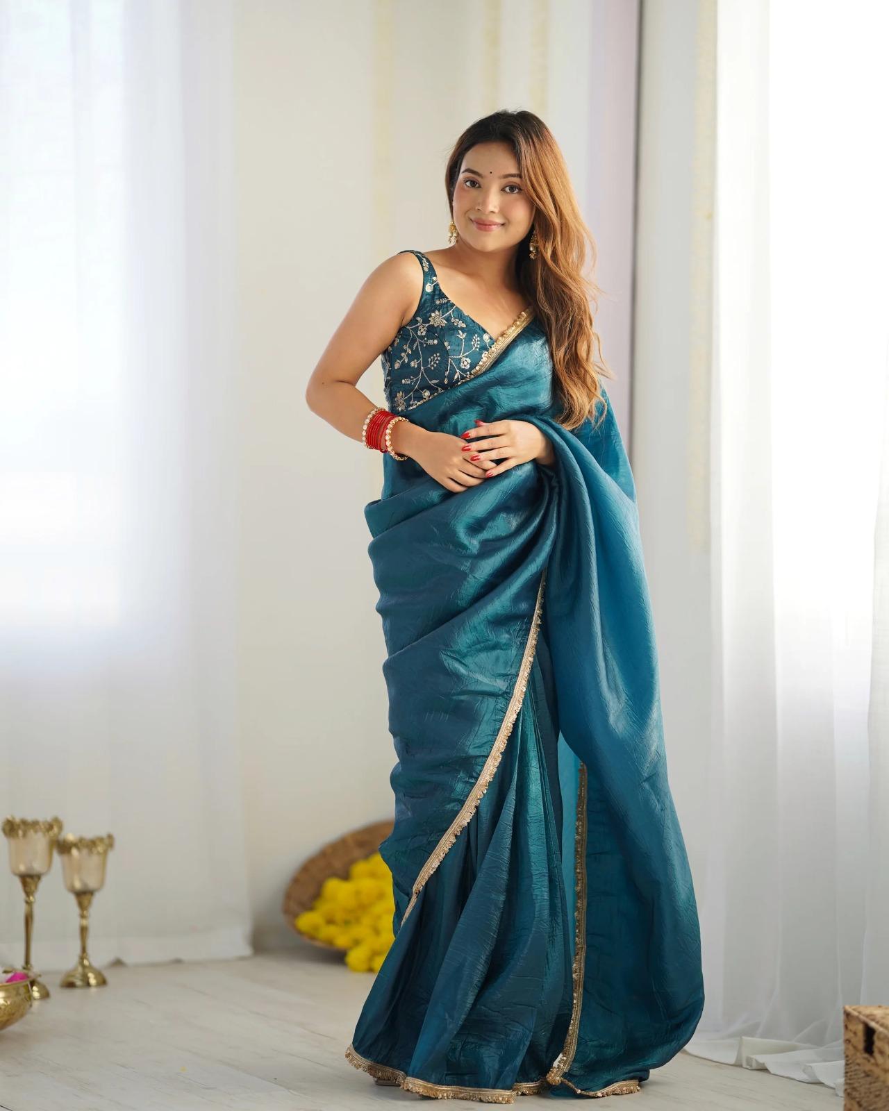 Gold Crush Tissue Silk Saree For Women (Unstitched)