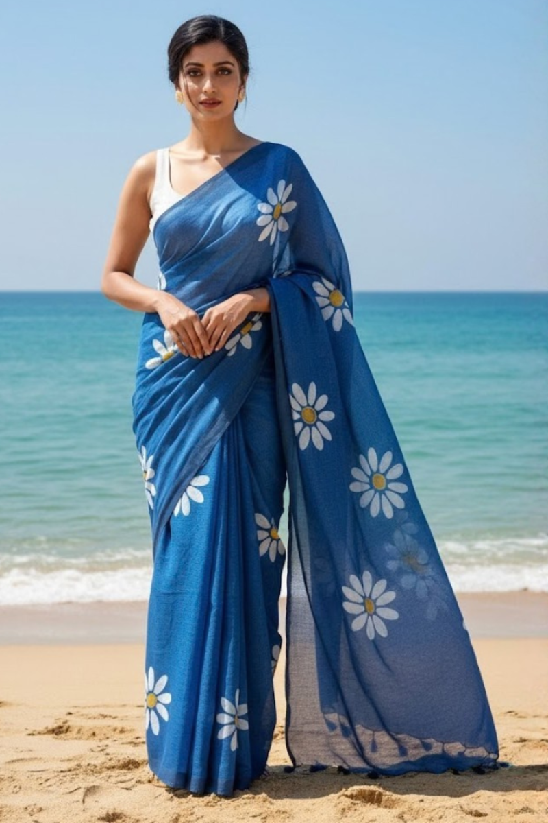 Printed Cotton Saree Collection With Fumka Border For Women (Unstitched)