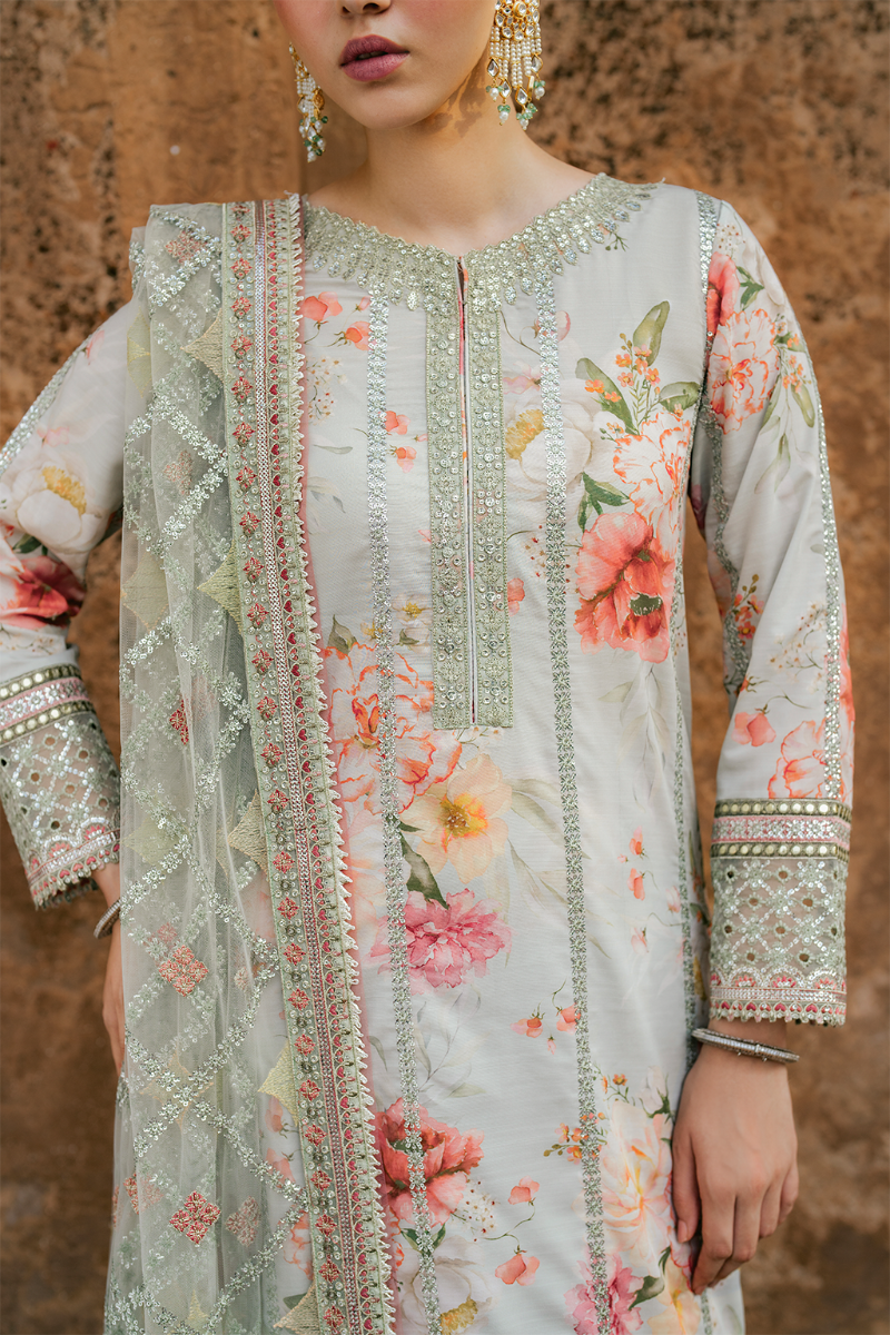 Embroidered Raw Silk 3-Piece Suit with Net Dupatta | Luxury stitched Suit