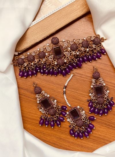 Regal Maroon Kundan and Antique Gold Choker Set