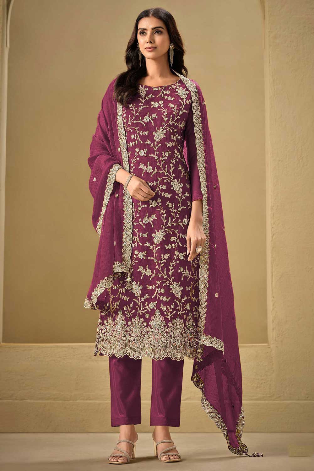 Chinon Embroidered Straight Cut Trouser Suit