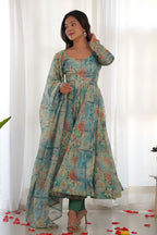 Aquatic Blue Digital Floral Printed Soft Organza Anarkali Gown