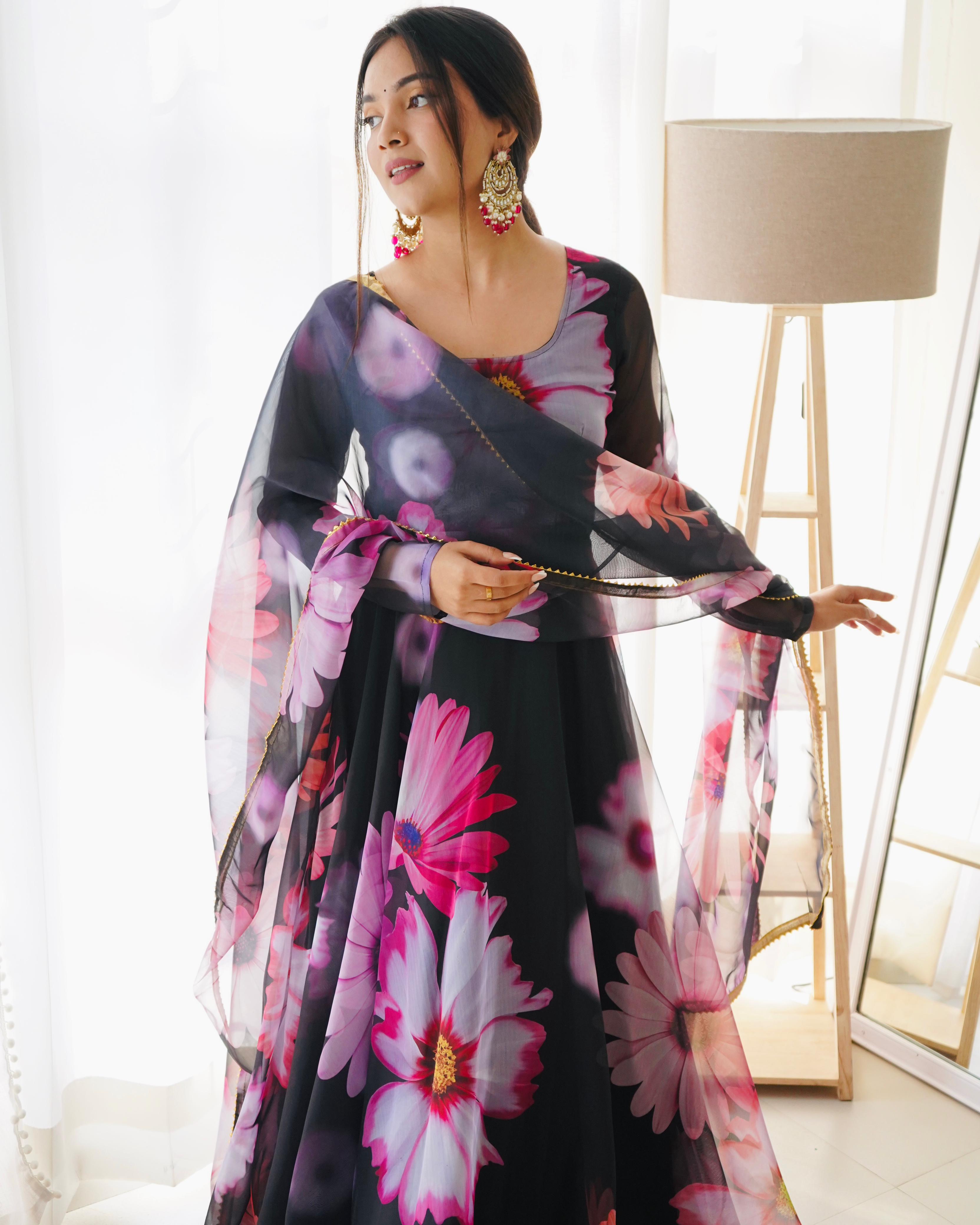 Elegant Party Wear Organza Taby Silk Gown with Dupatta