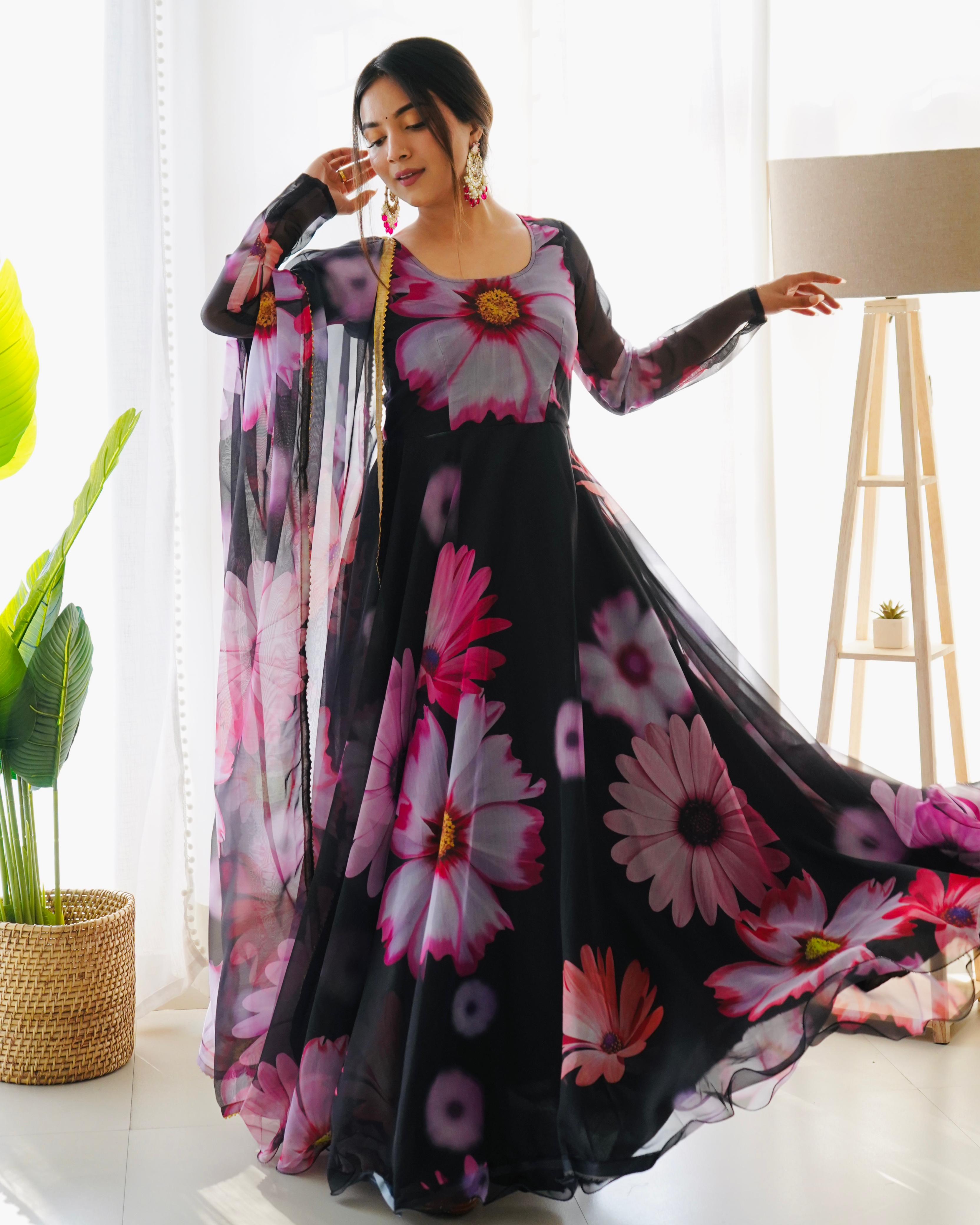 Elegant Party Wear Organza Taby Silk Gown with Dupatta
