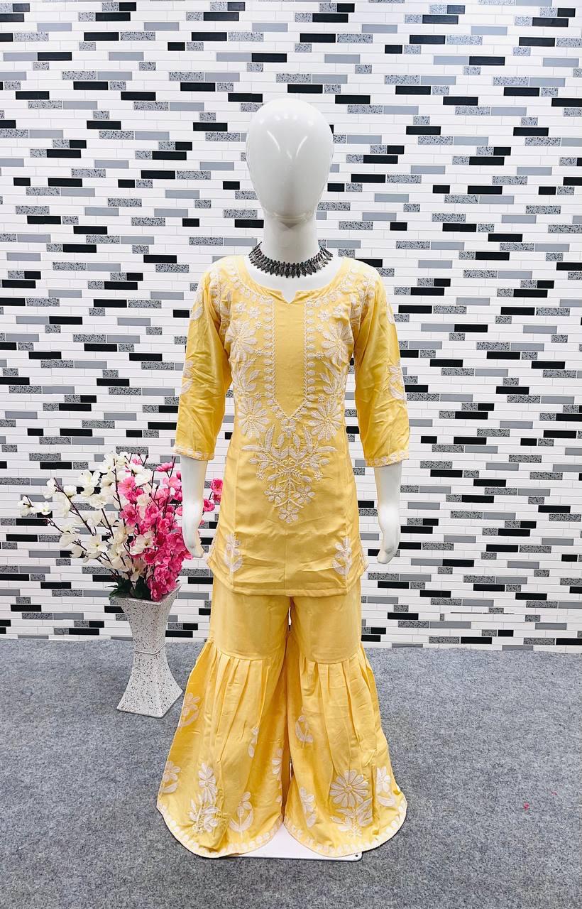 Rayon Embroidered Top & Sharara Set for Kids