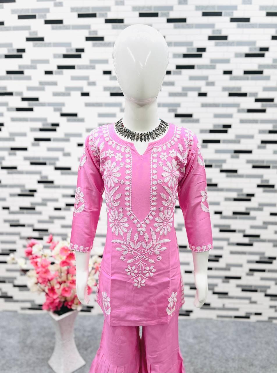 Rayon Embroidered Top & Sharara Set for Kids