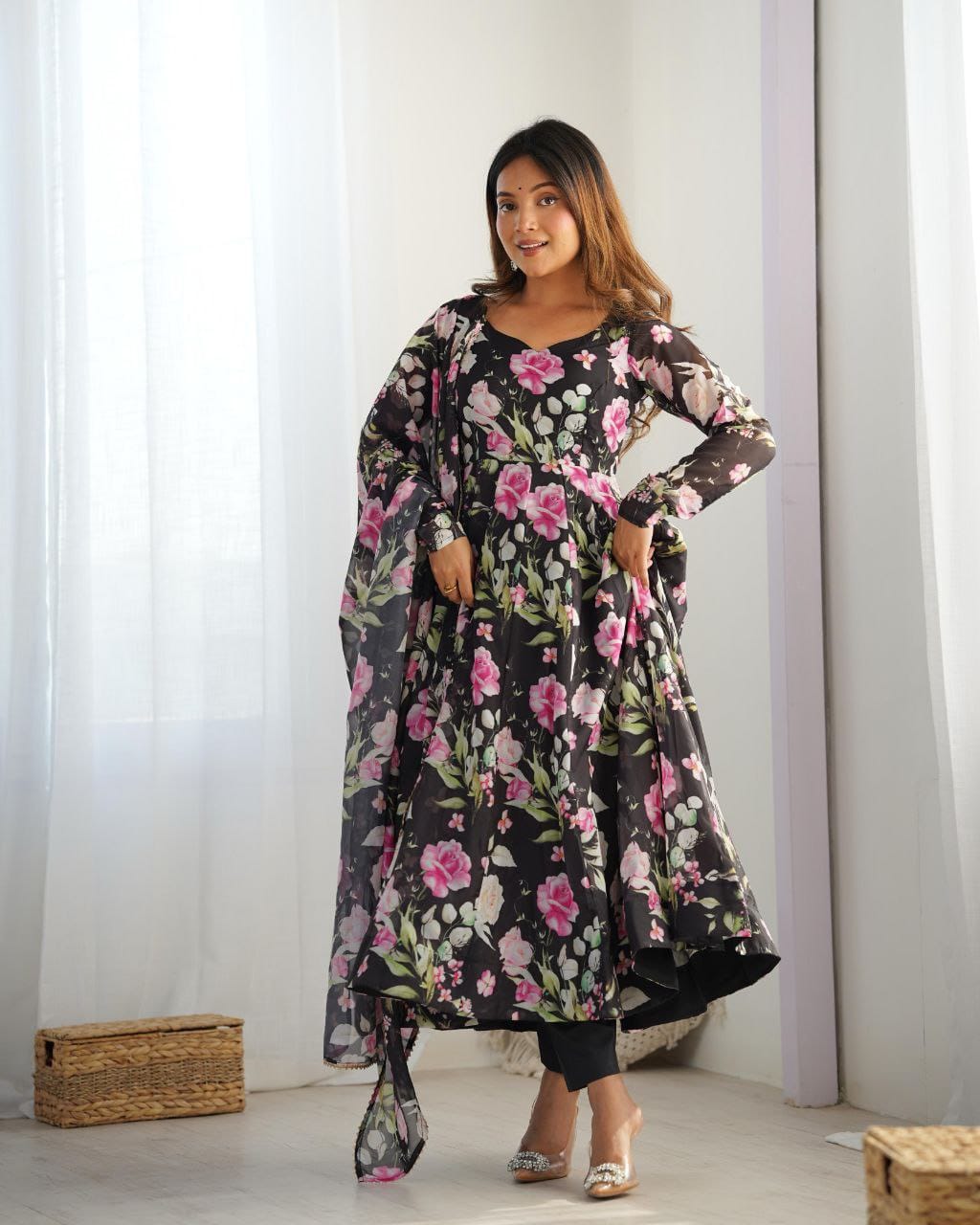 Organza Silk Anarkali Suit Set with Dupatta and Pant