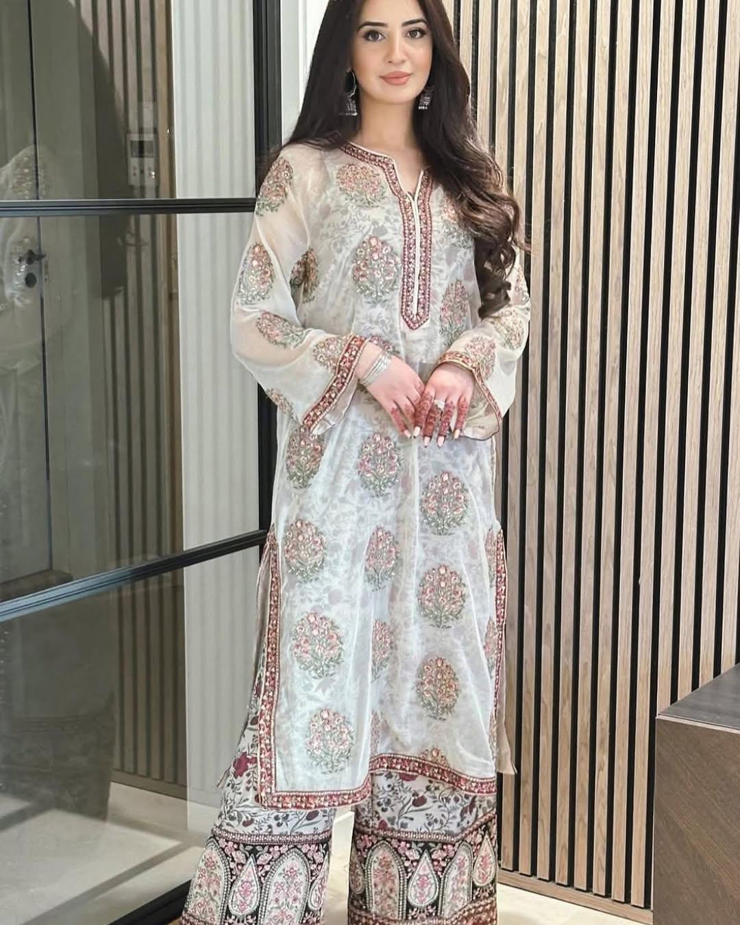 Embroidered Georgette Top with Crepe Palazzo