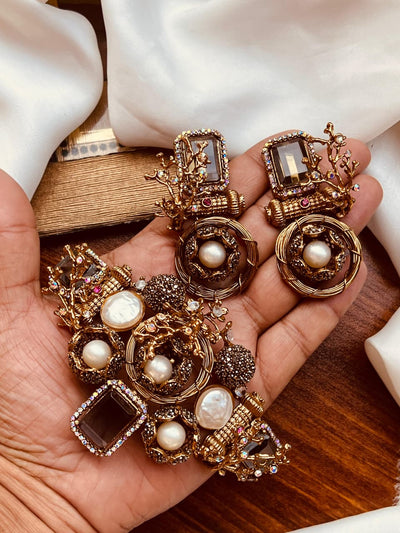 Premium Gold-Plated Statement Earrings – Crystal & Pearl Embellished