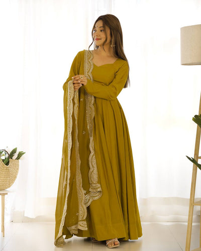 Pure Romansilk Chanderi Anarkali Gown with Dupatta Set and Pant