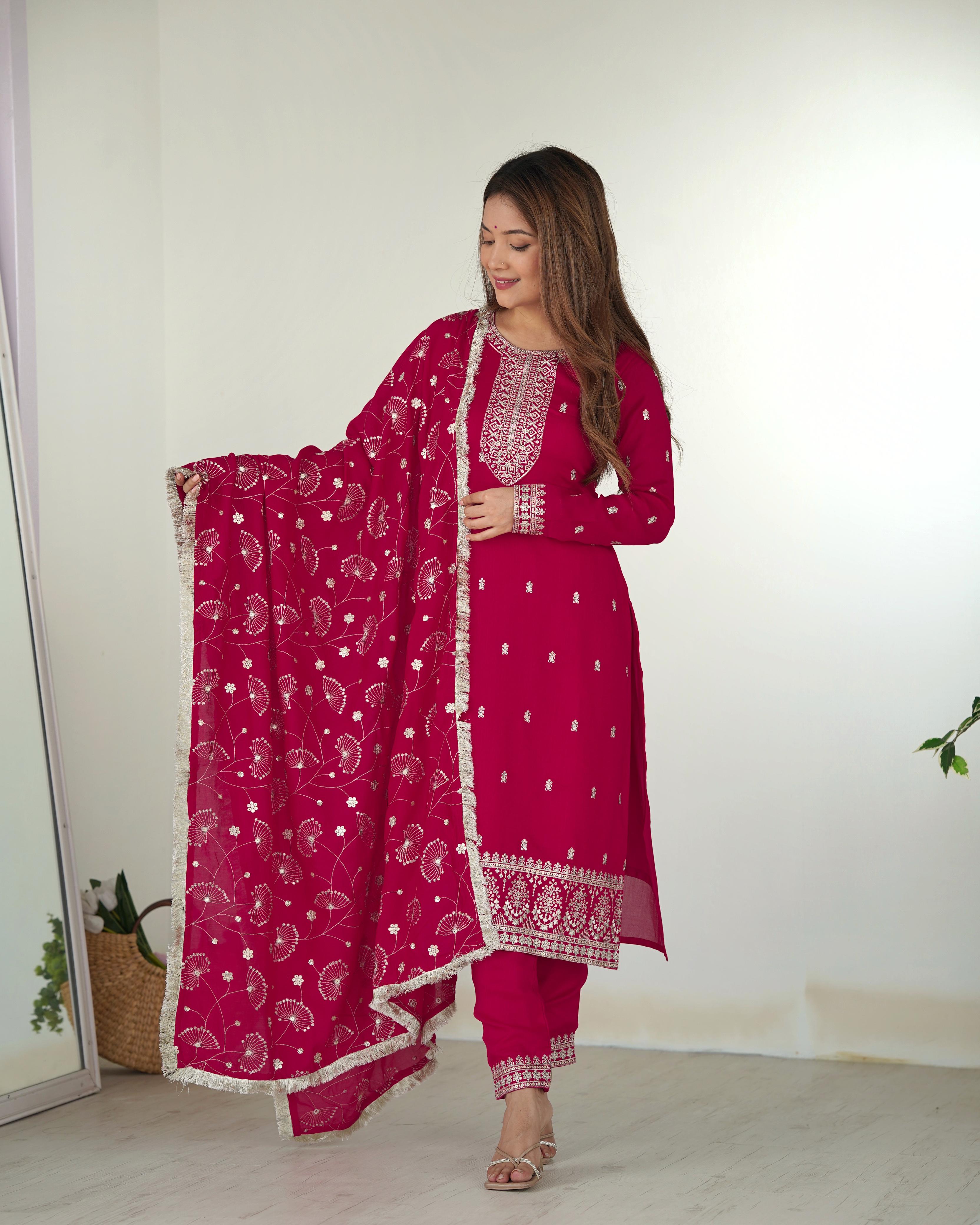 Elegant Pink Pure Blooming Vichitra Silk Kurta Set â€“ Ready to Wear