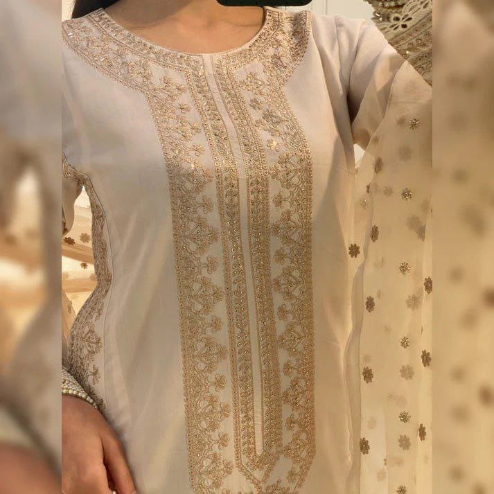 Fancy Roman Silk Sequin Embroidered Cotton Work Suit