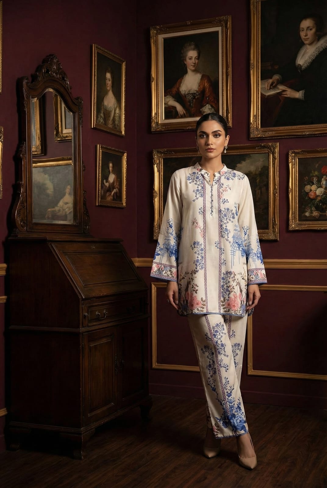 Premium Printed 2-Piece Suit with Blue Border Detailing