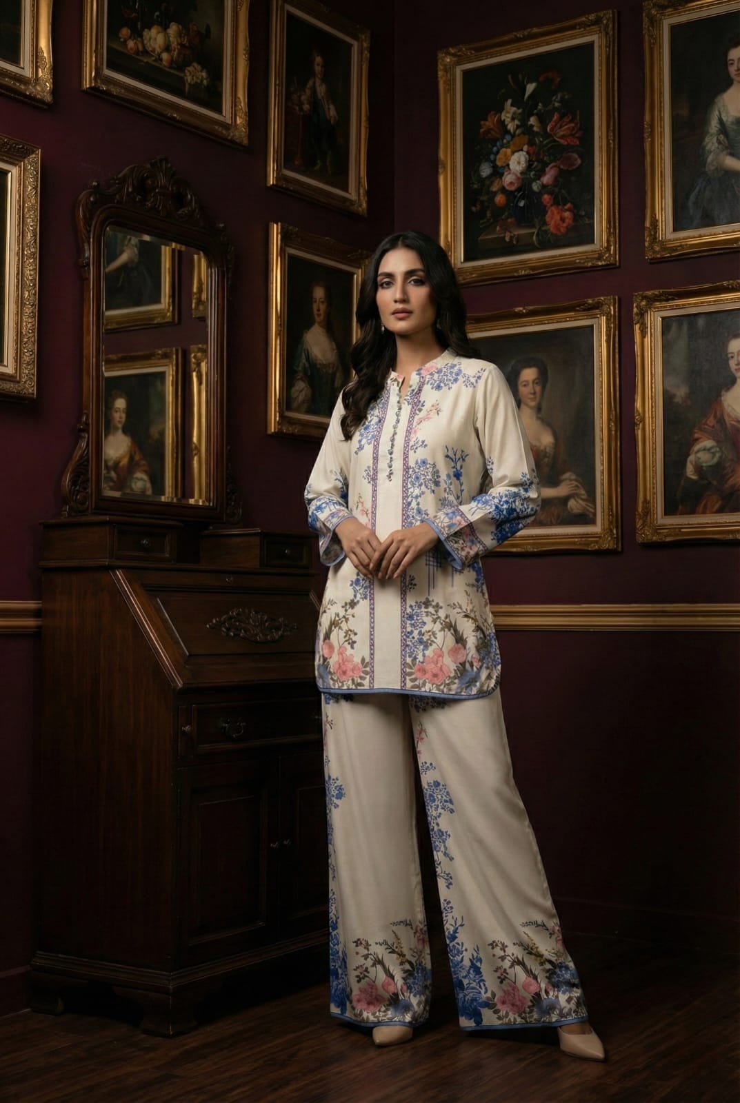 Premium Printed 2-Piece Suit with Blue Border Detailing