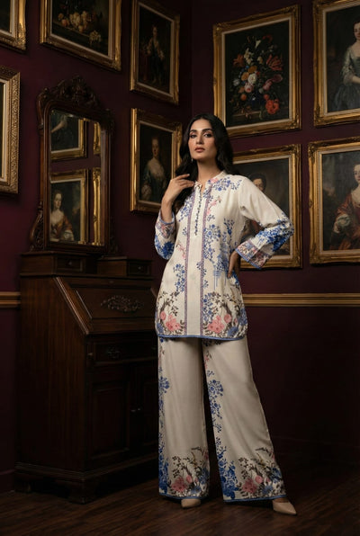 Premium Printed 2-Piece Suit with Blue Border Detailing