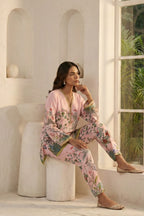 Premium Pastel Pink 2-Piece Set with Lace Neckline