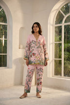 Premium Pastel Pink 2-Piece Set with Lace Neckline