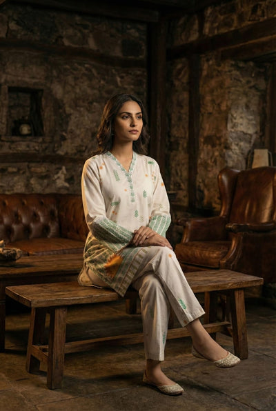 Cream & Emerald Botanical 2-Piece Cotton Co-ord Set
