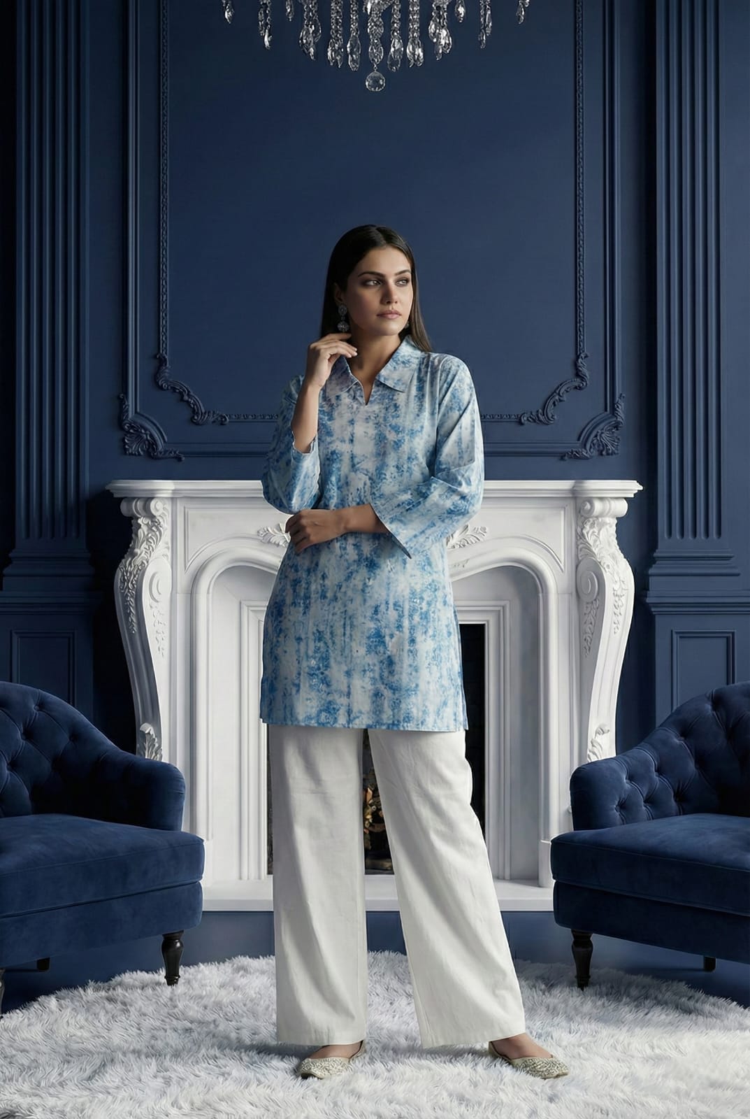 Sky Blue Marble Print Tunic with White Wide-Leg Trousers