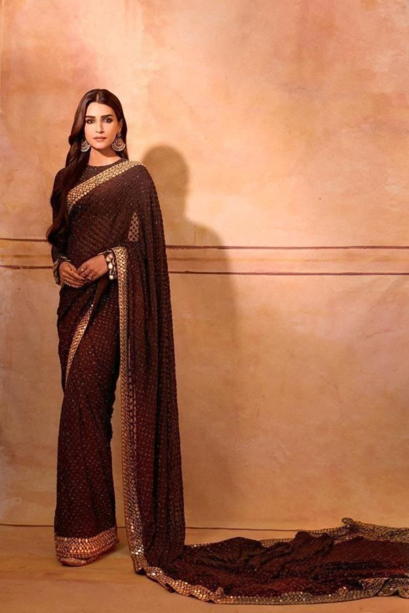 Women's Type Faux Georgette Dark Wine Saree With Blouse