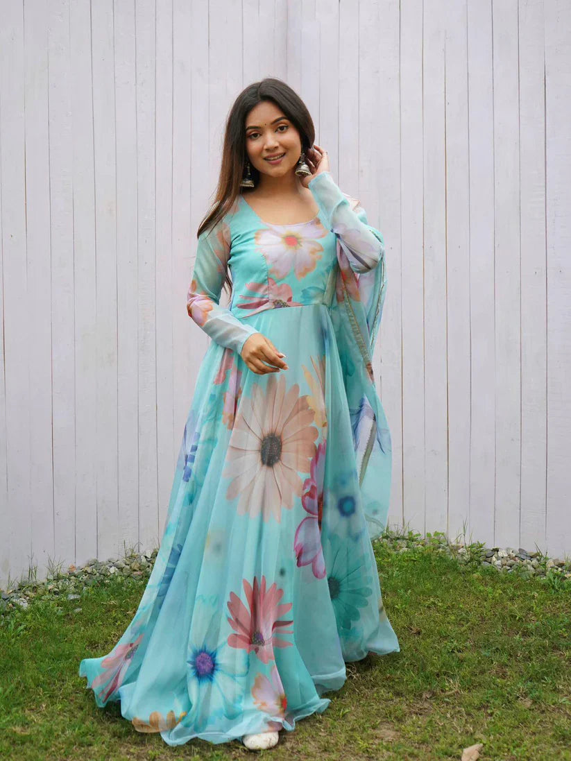 Elegant Party Wear Organza Taby Silk Gown with Dupatta