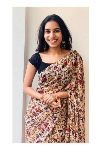 Faux Georgette Kalamkari Print Saree For Women (Unstitched)