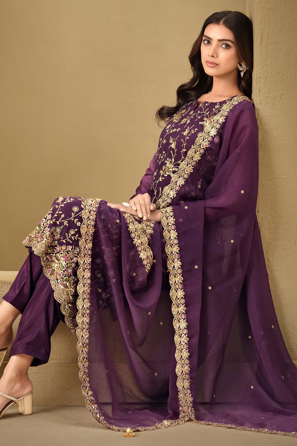 Chinon Embroidered Straight Cut Trouser Suit
