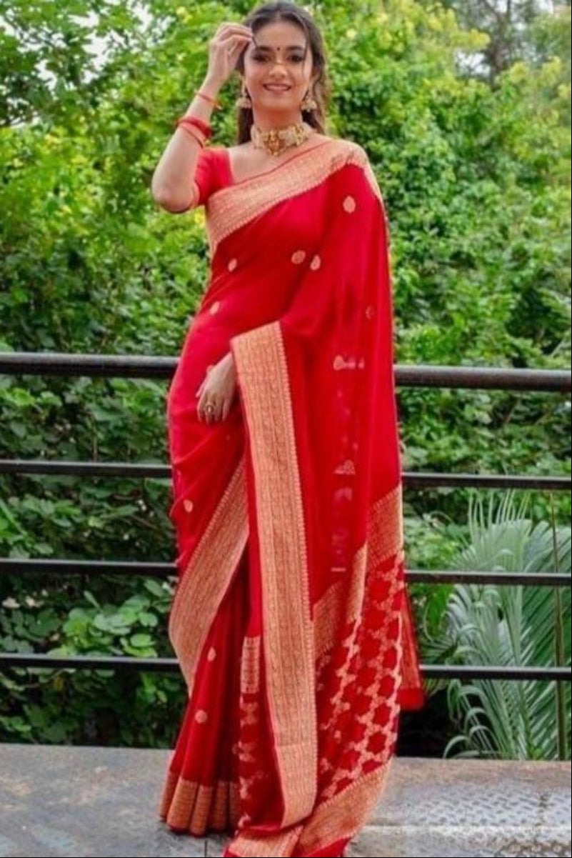 Silk Red Beautiful Saree For Women (Unstitched)